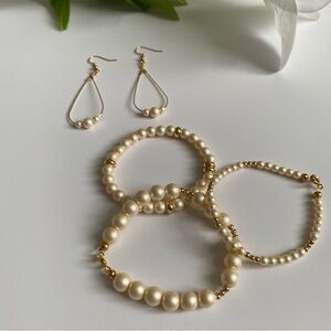 18K Gold Plate Beaded Bracet set and Dangle Earrings